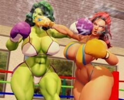 2girls 3d abs big_breasts bikini boxing boxing_gloves boxing_ring breasts cross_counter female_focus female_only fight fighting fighting_ring green_hair green_skin huge_breasts jean_grey josugomezofficialnew large_breasts long_hair marvel marvel_comics muscular muscular_female punch punching punching_face red_hair ryona she-hulk thick thick_thighs thighs wide_hips