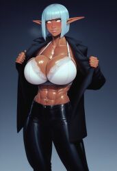 abs ai_generated athletic athletic_female big_ass big_breasts big_butt big_titties bimbo bimbo_body bimbo_lips black_coat bob_cut bra bubble_ass bubble_butt cleavage dark-skinned_female devil_hs_(copied_style) elana_eyrt(oc) fit_female glowing_eyes light_blue_hair long_coat muscles muscular_female navel_piercing oc original_character pointy_ears standing tight_clothes tight_clothing tight_pants white_eyes