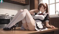 1girls ai_generated amagi apron artist_name artist_signature ass breasts brown_hair closed_eyes dress frills garter_straps hi_res high_heels high_resolution highres indoors kitchen kurutai large_breasts long_hair maid maid_apron maid_headdress ore_wa_seikan_kokka_no_akutoku_ryoushu panties ponytail puffy_short_sleeves puffy_sleeves sink sitting smile solo stove subscribestar subscribestar_username thighhighs uncensored underwear white_panties