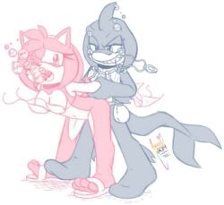 2boys 2girls amy_rose animal_ears cat_ears fangs feline female male mask multiple_boys multiple_girls paws razor_the_shark short_hair sonic_(series) sonic_the_hedgehog_(archie) sonic_the_hedgehog_(series) striped tail tears youkai