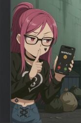 ai_generated alley bitch black_choker black_clothing blacked branded branding_mark cheating cheating_girlfriend choker exposed_torso garbage glasses hushing ignoring long_hair marked midriff ntr oc original_character owned phone phone_call pink_eyes pink_hair pinku_(oc) ponytail property prostitution qos qos_clothing qos_tattoo queen_of_spades spade_tattoo tattoo whore