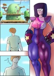1boy 1girls afro black_hair breasts brown_hair cartoon_network clothed clothing comic crossover destreepe duo female garnet_(steven_universe) gem_(species) green_shirt hands_on_hips human human_male humanoid humanoid_female light-skinned_male light_skin male male/female multiversus muscular muscular_female muscular_male nipple_bulge purple_outfit scooby-doo shaggy_rogers standing steven_universe