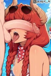 ai_generated american_flag_bikini bl4ck_ai dragon drooling open_mouth penis_on_face penis_over_eyes pool red_hair tagme tan_body testicles upper_teeth_only zentreya zentreya_(cowboy_bikini)
