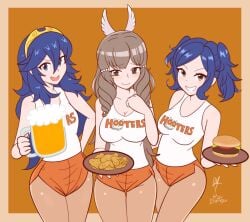 3girls beer blue_eyes blue_hair blush brown_eyes brown_hair chicken_wings cleavage cynthia_(fire_emblem) eyebrows_visible_through_hair fire_emblem fire_emblem_awakening hair_ornament hamburger hooters large_breasts looking_at_viewer lucina_(fire_emblem) multiple_girls raydango skimpy_clothes smile sumia_(fire_emblem) twintails waitress