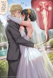 1boy 1girls ? ?? ai_generated arms_around_neck bare_shoulders black_hair blonde_hair blue_eyes blush breast_press breasts bridal_veil bride closed_mouth clothed_sex cross_section cum cum_in_pussy day dress earrings ejaculation elbow_gloves english_text female flower fountain from_side gloves groom hair_ornament hairband hug husband_and_wife internal_cumshot jewelry large_breasts loid_forger long_hair looking_at_another netorare ntr outdoors penis red_eyes sex sidelocks smile speech_bubble spy_x_family straight sweat thought_bubble uterus vaginal_penetration veil water wedding_dress white_dress white_gloves yor_forger
