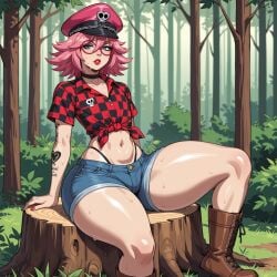1boy ai-created ai_art ai_generated arm_tattoo bulge checkered_shirt collar femboy femboy_only final_fight forest glasses hat huge_thighs jean_shorts leather_boots lipstick nail_polish pink_hair poison_(final_fight) red_lipstick red_nail_polish scorpyfemboy sexy.ai street_fighter string_panties tattoo wide_hips