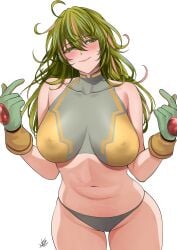1girls :) bare_shoulders belly big_breasts blush breasts collarbone eyelashes female female_only gloves green_eyes green_hair grin hips large_breasts light-skinned_female light_skin lips long_hair looking_away messy_hair my_hero_academia navel nipples nipples_visible_through_clothing panties see-through smile smiling smirk smug solo standing stomach tagme tooru_hagakure tooru_hagakure_(visible) topwear underwear waist white_background xtermination