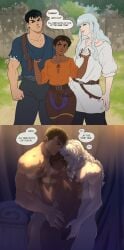 1girls 2boys absurd_res areolae before_and_after berserk black_hair breasts brown_hair casca clothing dark-skinned_female dark_skin dialogue english_text female griffith guts_(berserk) height_difference light-skinned_male light_skin long_hair male mmf_threesome muscular muscular_male nipples nude nude_female nude_male pepprnsalt pubic_hair pussy pussy_juice_string shaded short_hair silver_hair speech_bubble threesome trio two_panel_image