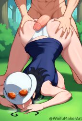1boy 1girls ai_generated balls bent_over breasts breasts_out female forest grabbing_ass hi_res hidden_face high_resolution highres huge_cock large_breasts male male/female nico_robin nipples one_piece penis penis_on_ass pink_nipples roronoa_zoro testicles toei_animation top-down_bottom-up veiny_penis waifumakerart