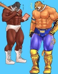 ! !! 2boys ^^^ abs armband armor_king bara bare_pectorals baseball_bat biceps bulge commentary_request dark-skinned_male dark_skin erection erection_under_clothes fangs furry furry_male gauntlets holding holding_baseball_bat holding_magazine jaguar_tail king_(tekken) looking_at_another looking_at_crotch looking_down magazine_(object) magnum_feering male_focus male_underwear masked multiple_boys muscular muscular_male navel nipples open_mouth pectorals penis spiked_bat sweatdrop tail tekken topless_male translation_request underwear white_male_underwear wrestling_boots wrestling_outfit