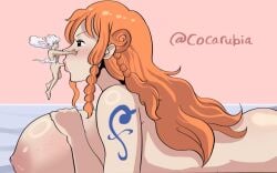 areola areolae big_breasts blowjob busty cocarubia enormous_breasts erect_nipples female gear_5_luffy gigantic_female huge_breasts male monkey_d_luffy nami_(one_piece) nipples one_piece orange_hair pink_nipples sucking_penis tatto