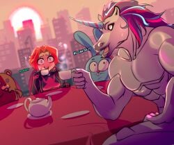1boy 1girls blush blush dgoger green_eyes horn horse imminent_sex marvel marvel_comics mayday_parker monster_boy muscular muscular_male orange_hair smaller_female spider-girl spider-man_(series) taller_male unicorn
