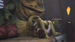 2girls 3d alexbridger braided_hair brown_hair chain_leash chained enslaved_royal femsub green_skin harem harem_girl headwear hutt interspecies jabba's_palace jabba_the_hutt long_hair making_out oola princess_leia_organa slave slave_collar slave_leia slave_outfit slavegirl star_wars submissive_female twi'lek watching yuri yuri