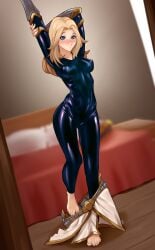 1girls blonde_hair blue_eyes bodysuit hi_res highres league_of_legends luxanna_crownguard medium_breasts non-nude pietheunusual riot_games streching undressing wide_hips