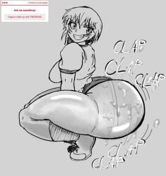 1girls 2d 2d_(artwork) azumanga_daiou big_ass big_butt bottom_heavy bottomwear butt caked_up clap clapping clapping_ass clapping_buttocks clapping_cheeks clothed dat_ass fat_ass female female_only fully_clothed kagura_(azumanga_daiou) looking_back lubricant lubricated monochrome oiled oiled_ass oiled_up request requested shaking_ass shaking_butt shoes shorts side_view solo splashing squat squatting strawpage strawpage_request tomboy topwear twerking twinerva