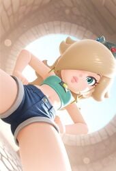 1girls 2025 3d 3dcringe accurate_art_style ai_assisted ai_generated background blonde_hair blue_eyes civitai cobblestone crop_top crown d3rmal earrings eyebrows eyelashes female hand_on_hip head_tilt lips long_hair looking_at_viewer mario_(series) mario_kart mario_kart_tour mario_kart_world nintendo princess_rosalina shorts sky smug spread_legs tagme