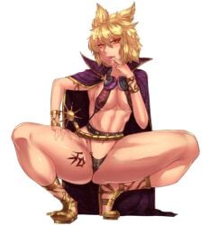 abs belt black_panties blonde_hair blush breasts cape earmuffs female hand_on_hip jewelry looking_at_viewer medium_breasts naughty_face navel panties sandals short_hair smile solo spread_legs squatting thighs thong toned tongue tongue_out underboob underwear yellow_eyes