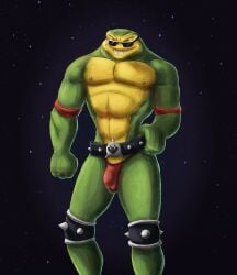 amphibian anthro belt bulge clothed clothing detailed_bulge eyewear frog front_view genital_outline green_body green_nipples grin hi_res male muscular muscular_anthro muscular_male narrowed_eyes nipples penis_outline portrait red_eyes satanic_monkey simple_background smile solo spiked_belt spikes standing sunglasses three-quarter_portrait toad_(frog) topless vein veiny_muscles yellow_body