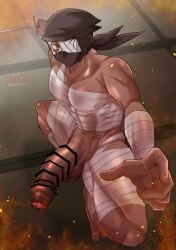 1boy abs absurd_res areolae_visible_through_clothing balls bandage bandage_on_face bandage_on_nose bandage_over_one_eye bandaged_arm bandaged_chest bandaged_head bandaged_leg bandages bara barefoot battle_stance beefy biceps big_glans big_penis burning censor_bar censored censored_penis collarbone covered_face covered_mouth dark_skin enormous_penis erect_nipples erection feet fire flame foreskin foreskin_folds gay gigantic_penis hi_res high-angle_view holding_weapon huge_cock hunk katana kneeling konnamon_zatto long_penis looking_at_viewer male male_only masculine_male mature_male mottirimoto muscles muscular muscular_arms muscular_legs muscular_male muscular_thighs navel ninja ninja_headband ninja_mask nintama_rantarou no_body_hair pecs penis penis_bigger_than_head pointless_censoring practically_nude quadriceps red_glans sanpaku six_pack small_pupils solo spread_legs sword tatami thick_penis toes tough_guy triceps uncircumcised uncut unretracted_foreskin veiny_penis very_high_resolution yaoi