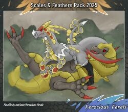 2025 absurd_res ambiguous_gender animal_genitalia blush blush_lines claws cloaca disc duo eyelashes feet female female/ambiguous feral feral_on_bottom feral_on_feral feral_on_top ferocious_ferals foot_focus generation_5_pokemon generation_7_pokemon genital_slit genitals gold_body gold_scales grey_body grey_scales haxorus hi_res kommo-o lying nature nature_background nintendo on_back plant pokemon pokemon_(species) red_claws red_eyes scale_plates scales shrub signature spread_cloaca spread_legs spread_slit spreading tail touching_leg weapon_tail