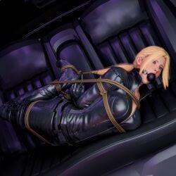 1girls ball_gag blonde_female blonde_hair catsuit gag gagged hogtie hogtied kidnapped latex nina_williams pejack pejack32167 rope rope_bondage tekken tekken_8