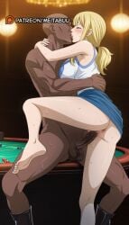 1boy ai_generated anus arms_around_neck ass bald barefoot blonde_hair blue_skirt blush breasts casino censored closed_eyes clothed_female_nude_male clothed_sex clothes_lift dark-skinned_male dark_skin faceless faceless_male fairy_tail feet female french_kiss hug indoors interracial kissing large_breasts long_hair lucy_heartfilia meitabuu mosaic_censoring no_panties nude on_table penis poker_chip ponytail pussy sex shirt skirt soles standing standing_sex straight sweat table testicles toes tongue uncensored upright_straddle vaginal_penetration veins veiny_penis white_shirt