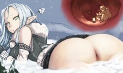 1boy 1girls anal anal_vore anus ass elf_ears endosoma female female_pred giantess green_eyes inside_view larger_female looking_back lying lying_on_stomach male male_prey partially_clothed smaller_male snow snowing tagme unknown_artist vore white_hair