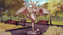 16:9 1girls artist_request asfr big_breasts bird breasts darkstalkers female female_only head_wings large_breasts morrigan_aensland objectification park park_bench petrification petrified source_request statuefication statuefied turned_to_stone wings