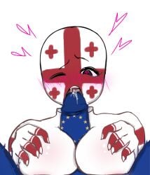 1male1female big_breasts blue_skin blush blushing_profusely boob_grab boobjob boobs_out countryhumans countryhumans_girl enjoying enjoying_sex european_union_(countryhumans) georgia_(countryhumans) heart heart-shaped_pupils horny one_eye_closed precum precum_bubble saliva_string sex sharp_nails straight_sex tremble_spikes white_skin