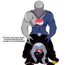 alien alien_girl anal anal_sex big_ass big_breasts big_butt big_muscles big_penis black_body chain_necklace cristaldrawings crossover cum_in_ass cum_inside cum_on_body dialogue duck_dodgers faceless_male interracial interspecies mouthless_female muscular muscular_male pepsi pepsiman queen queen_tyr'ahnee sex sex_from_behind stomach_bulge tummy_bulge white_hair