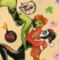 2girls artist_logo batman_(series) captain_toosh clown clown_girl curvy dc dc_comics green_skin harleen_quinzel harley_quinn harley_quinn_(classic) jester_outfit pamela_isley poison_ivy red_hair small_waist tight_clothing yuri