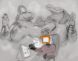 ammit ammit_(moon_knight) anthro belly big_breasts breasts clothing common_hippopotamus crocodile crocodilian deity dialogue doctordj drawing drawing_tablet egyptian egyptian_clothing egyptian_headdress egyptian_mythology english_text female greyscale group hi_res hippopotamid huge_breasts humanoid hypnosis machine mammal marvel marvel_cinematic_universe middle_eastern_mythology mind_control monochrome monster moon_knight_(series) mythology nipples non-mammal_breasts non-mammal_nipples overweight overweight_anthro overweight_female reptile robot robot_humanoid scalie screen screen_face speech_bubble taweret taweret_(moon_knight) text trio voluptuous_anthro voluptuous_female whiskers