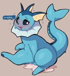 2022 ambiguous_fluids ambiguous_gender black_nose black_sclera blue_body blush dialogue digital_media_(artwork) eerieviolet eeveelution english_text fin frill_(anatomy) generation_1_pokemon hi_res looking_aside nintendo nude open_mouth pawpads pokemon pokemon_(species) pokemon_only shy simple_background sitting solo tail text vaporeon