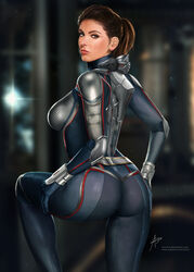 1girls ant-man_(series) ant-man_and_the_wasp arion69 artist_name ass avengers big_ass big_breasts blue_bodysuit blue_eyes bodysuit breasts brown_hair busty curvaceous curvy dat_ass female female_only from_behind futuristic hand_on_own_thigh hand_on_thigh hope_van_dyne knee_up large_breasts light-skinned_female light_skin marvel marvel_cinematic_universe pinup ponytail skintight solo standing superhero_costume superheroine thick_ass tight_clothing voluptuous wasp_(marvel)