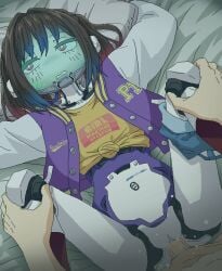 1boy brown_hair clothed_sex commission crop_top cyborg female jacket joints letterman_jacket makina_(milky_highway) medium_hair midriff milky_highway missionary penis pixiv_commission pussy robot_girl robot_joints sex spread_legs tomu_(tomubobu)