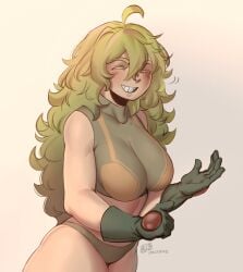 1girls adjusting_gloves artist_signature big_breasts boku_no_hero_academia busty erusensei gloves green_eyes green_hair light-skinned_female light_skin midriff my_hero_academia smiling_at_viewer tight_clothing tooru_hagakure tooru_hagakure_(visible)