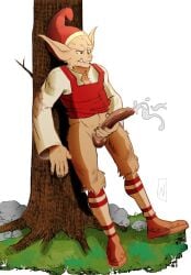 against_natural_surface against_surface against_tree balls bodily_fluids bottomless bottomless_humanoid bottomless_male clothed clothing cum cumshot digital_media_(artwork) ejaculation erection footwear foreskin genital_fluids genitals goblin hand_on_penis hat headgear headwear hi_res humanoid humanoid_genitalia humanoid_penis humanoid_pointy_ears male mammal masturbation nevets not_furry orgasm outside outside_masturbation partially_retracted_foreskin penile penile_masturbation penis plant pointy_ears shoes simple_background socks solo standing topwear tree