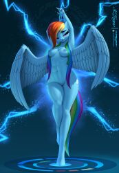 abs absurd_res anthro areola arms_above_head artist_logo artist_name barely_visible_genitalia blue_areola blue_body blue_feathers blue_fur blue_nipples breasts chest_tuft clearvision cutie_mark detailed_background electricity equid equine eyebrows eyelashes feathered_wings feathers female friendship_is_magic fur genitals hair hands_above_head hands_behind_head hasbro hi_res hooves horn lightning logo looking_at_viewer mammal mouth_closed multicolored_hair multicolored_tail my_little_pony mythological_creature mythological_equine mythology navel nipples nude nude_anthro nude_female pegasus pink_eyes pussy rainbow_dash_(mlp) rainbow_hair rainbow_tail signature small_breasts smile smiling_at_viewer solo spread_wings tail text thick_thighs tuft unicorn vulva wings