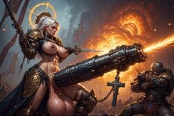 ai_generated balls battle big big_balls big_breasts cross crucifix firing_weapon futanari gigantic_breasts gun_penis nipple_piercing penis_weapon sister_of_battle warhammer_40k weapon white_hair
