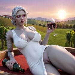 1girls ai_generated big_breasts breasts cozy drinking drunk eye_contact female glowing_tattoo looking_at_viewer nightborne nightborne_female nipple_bulge nipple_outline nipples nowrin outdoors pink_eyes ponytail pussy pussy_peek romantic solo_female stable_diffusion sunset tattoo tattooed_arm tattoos thick_thighs thighs vineyard warcraft white_dress white_hair wine wine_bottle wine_glass world_of_warcraft