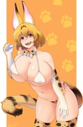 1girls animal_ears bikini blonde_hair breasts curvy female female_only heartszora kemono_friends large_breasts nipple_bulge serval serval_(kemono_friends) serval_ears solo tail