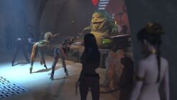 3d 5girls alexbridger alien alien_girl alien_humanoid belly_dancer belly_dancer_outfit black_hair bodysuit braided_hair brown_hair budo enslaved_royal female gamorrean greeata_jendowanian green_skin harem harem_girl harem_outfit human hutt jabba's_palace jabba_the_hutt jawa lavender_skin light_blue_skin loincloth long_hair lyn_me melina_carniss multiple_girls princess_leia_organa rodian rystall_sant slave slave_bikini slave_collar slave_leia slave_outfit slavegirl spots star_wars theelin twi'lek