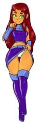 1girls alien alien_girl blushmallet boots clothed dakimakura dc female female_only flashing green_eyes long_hair orange_skin panties plain_background red_hair skirt skirt_lift smile solo starfire striped_panties tagme teen_titans thigh_boots white_background