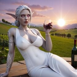 1girls ai_generated big_breasts breasts cozy drinking drunk eye_contact female glowing_tattoo looking_at_viewer nightborne nightborne_female nipple_bulge nipple_outline nipples nowrin outdoors pink_eyes ponytail romantic solo_female stable_diffusion sunset tattoo tattooed_arm tattoos thick_thighs thighs vineyard warcraft white_dress white_hair wine wine_bottle wine_glass world_of_warcraft