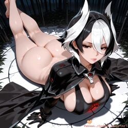 ai_generated ass barefoot black_eyes black_gloves black_hair bottomless breasts cape cleavage closed_mouth feet_up female gloves goddessasunaai hair_between_eyes large_breasts looking_at_viewer lying made_in_abyss multicolored_hair on_stomach ozen short_hair soles solo two-tone_hair white_hair