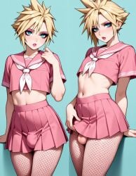 ai_generated cloud_strife eyeshadow femboy fishnets lipstick lolipop makeup pantyhose serafuku testicles
