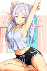 1girls belly belly_button casual earrings elf elf_ears elf_female elf_girl frieren frieren_beyond_journey's_end gym_clothes gym_clothing gym_shorts midriff skaggshood solo solo_female solo_focus stretching white_hair window