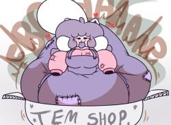anthro big_diaper blush bottomwear box bulging_patches cardboard cardboard_box cheek_blush clothed clothing container diaper diaper_fetish ears_up excessive_feces fan_character feces female half-closed_eyes heart_symbol hi_res hyper hyper_feces hyper_soiling jam_(shslsadcat) narrowed_eyes overalls patched_clothing poofy_hair raised_tail scat scatplay shslsadcat sleeves_past_fingers soiled_diaper soiling soiling_diaper solo sound_effects tail tem tem_shop temmie_(undertale) tongue tongue_out unclean_diaper undertale_(series) underwear used_diaper wearing_diaper