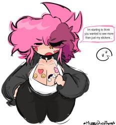 art_trade breasts cleavage female lunaiikun mizukidoesstuff oc original_character pink_hair sticker stickers stickers_on_body thick_thighs thighs