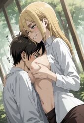 1boy 1boy1girl 1girls about_to_have_sex ai_generated asian_female attack_on_titan before_sex black_hair blonde_female blonde_hair blush blush boobs_out breasts breasts closed_eyes couple couple_(romantic) couple_art couple_focus couple_love duo duo_focus embrace embrace_from_the_behind embracing embracing_from_behind eren_jaeger female female/male historia_reiss hugging_from_behind hugging_partner imminent_sex kissing laughing male male/female naked nude outside romantic romantic_ambiance romantic_couple shingeki_no_kyojin short_hair straight titjob wholesome wholesome_nudity